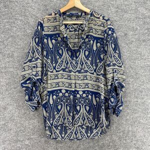 Fun 2 Fun Shirt Women S Small Beige Paisley Button Up V-Neck 3/4 Sleeve Casual